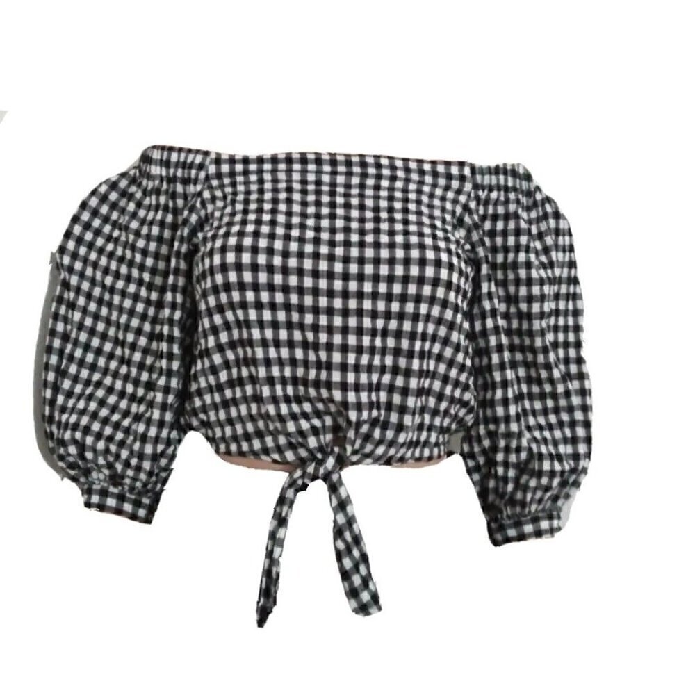 FOREVER 21 Black White Puffy Sleeves Crop Top Size 2X Off The Shoulder Blouse